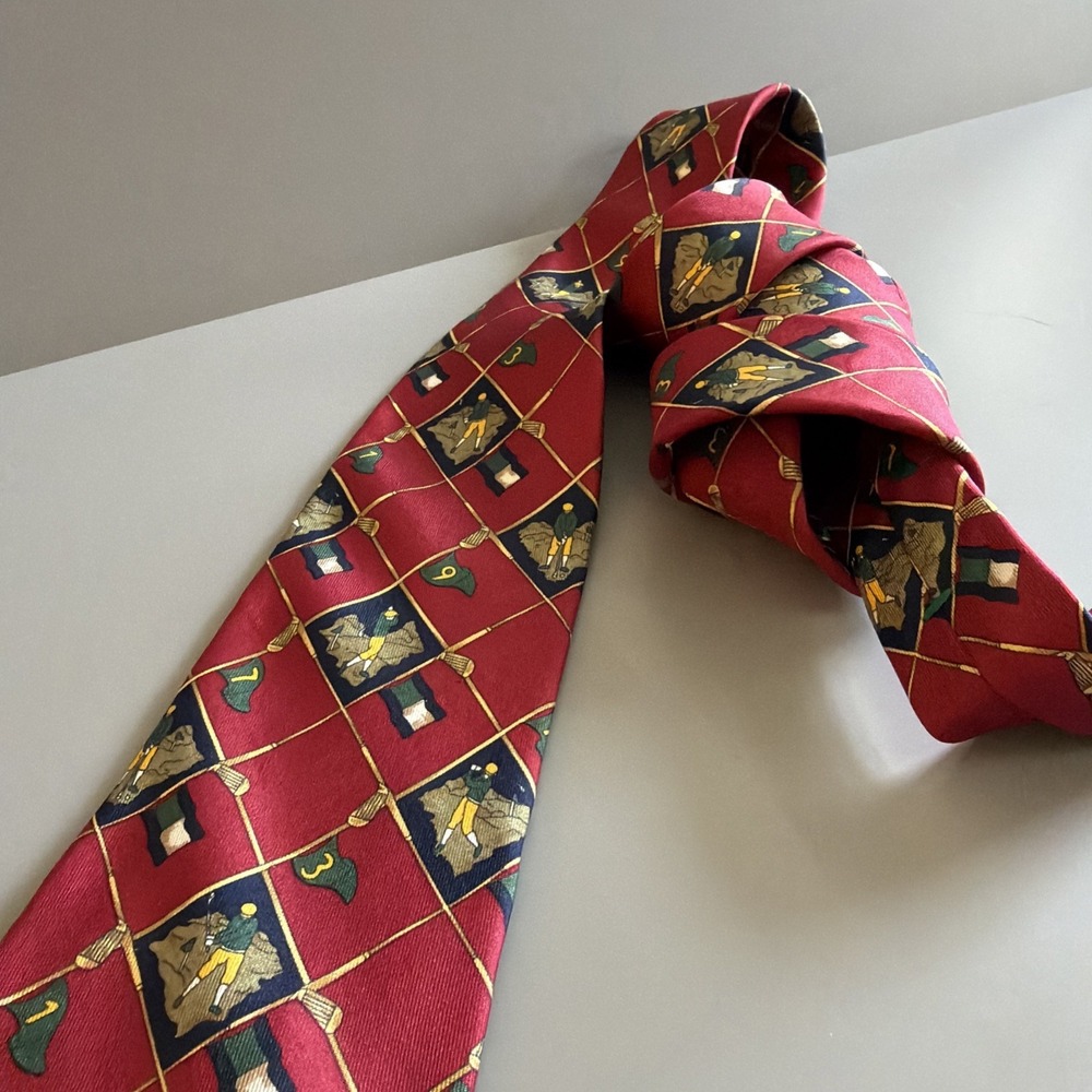 Vintage 1990s Tommy Hilfiger Mens Silk Necktie Golf Design Red Green Blue Golfer - Picture 2 of 6